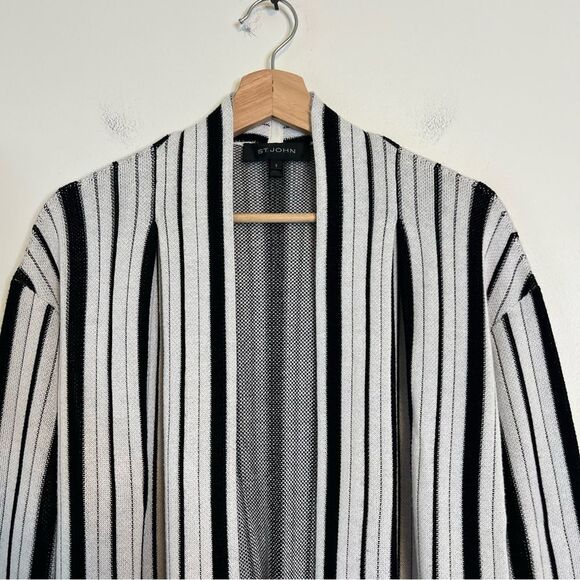 St. John Wool Cashmere Blend Open Front Cardigan Sweater Black White Stripe Sz S - Picture 3 of 10